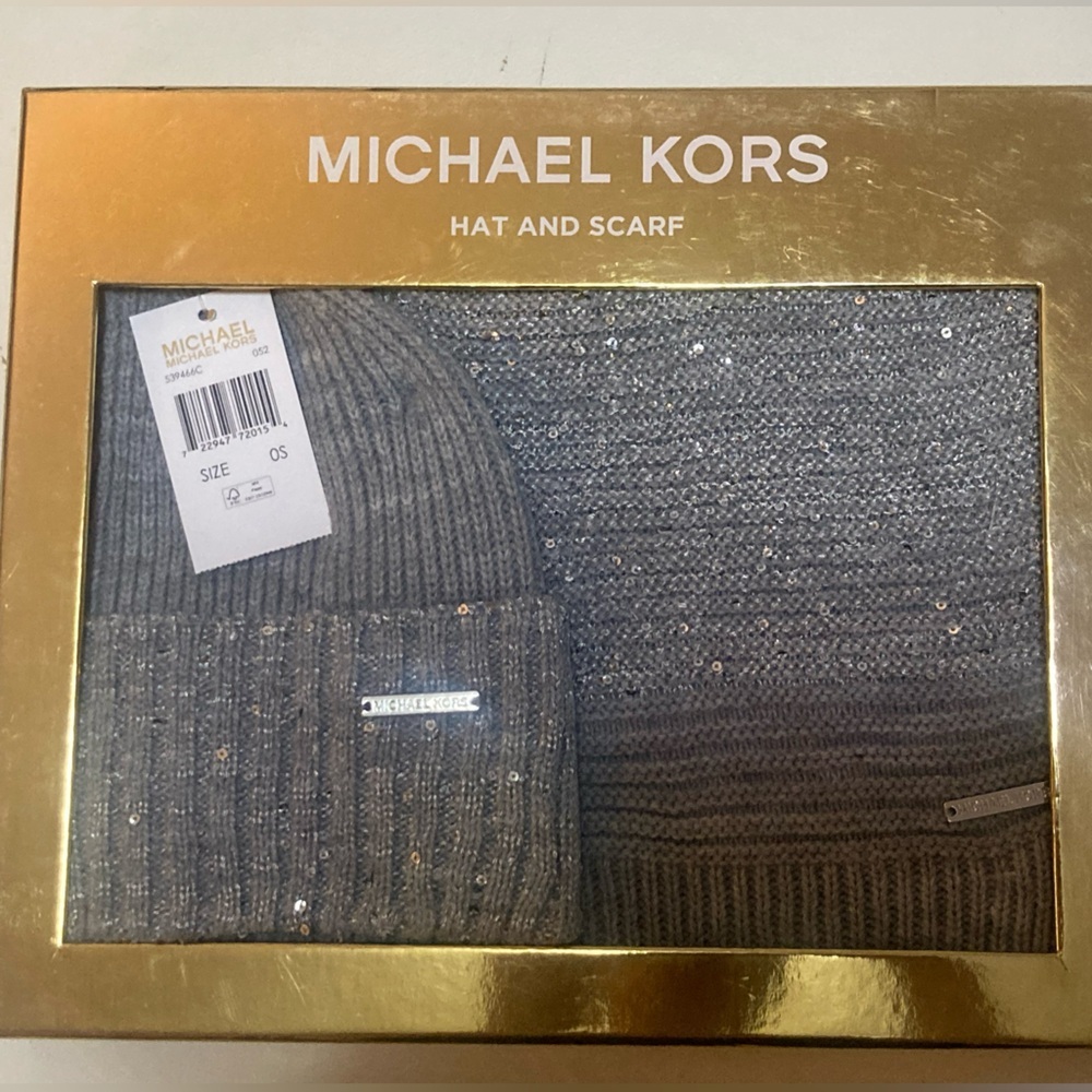 Michael Kors Grey Sparkle w Knit Hat Toque & Scarf Set OS | New In Box